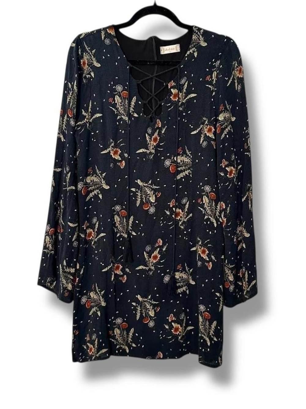 Altar'd State Black Lace Up Fringe Tassel Long Bell Sleeve Floral Mini Dress L